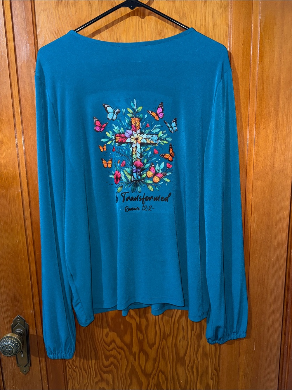Girls' Teal Long-Sleeve Tee with Floral Cross and Butterflies